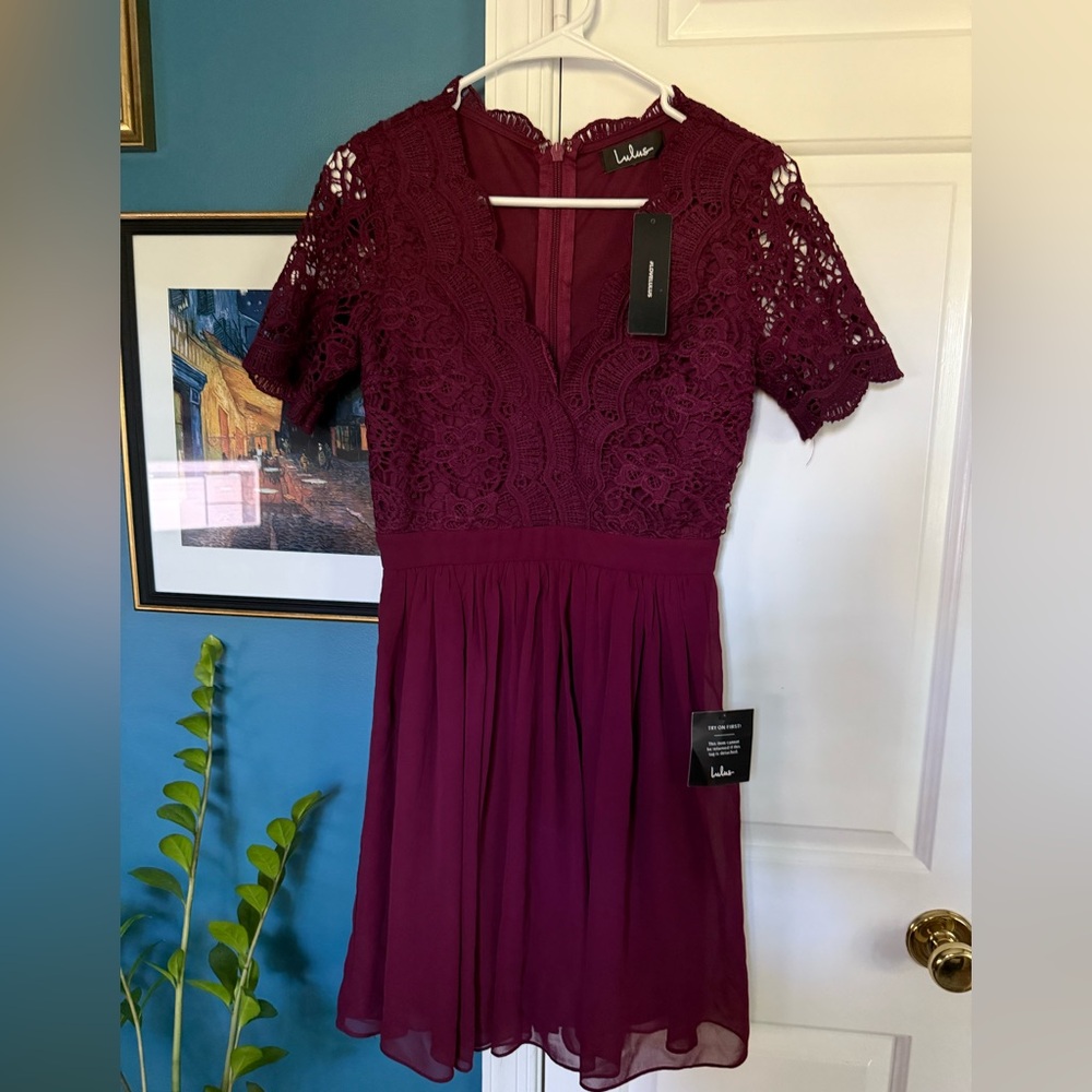 Lulus Angel in Disguise Burgundy Lace Skater Dress